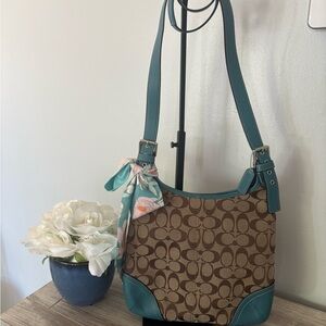 Coach Hampton Signature Jacquard Brown and Teal Hobo Bag